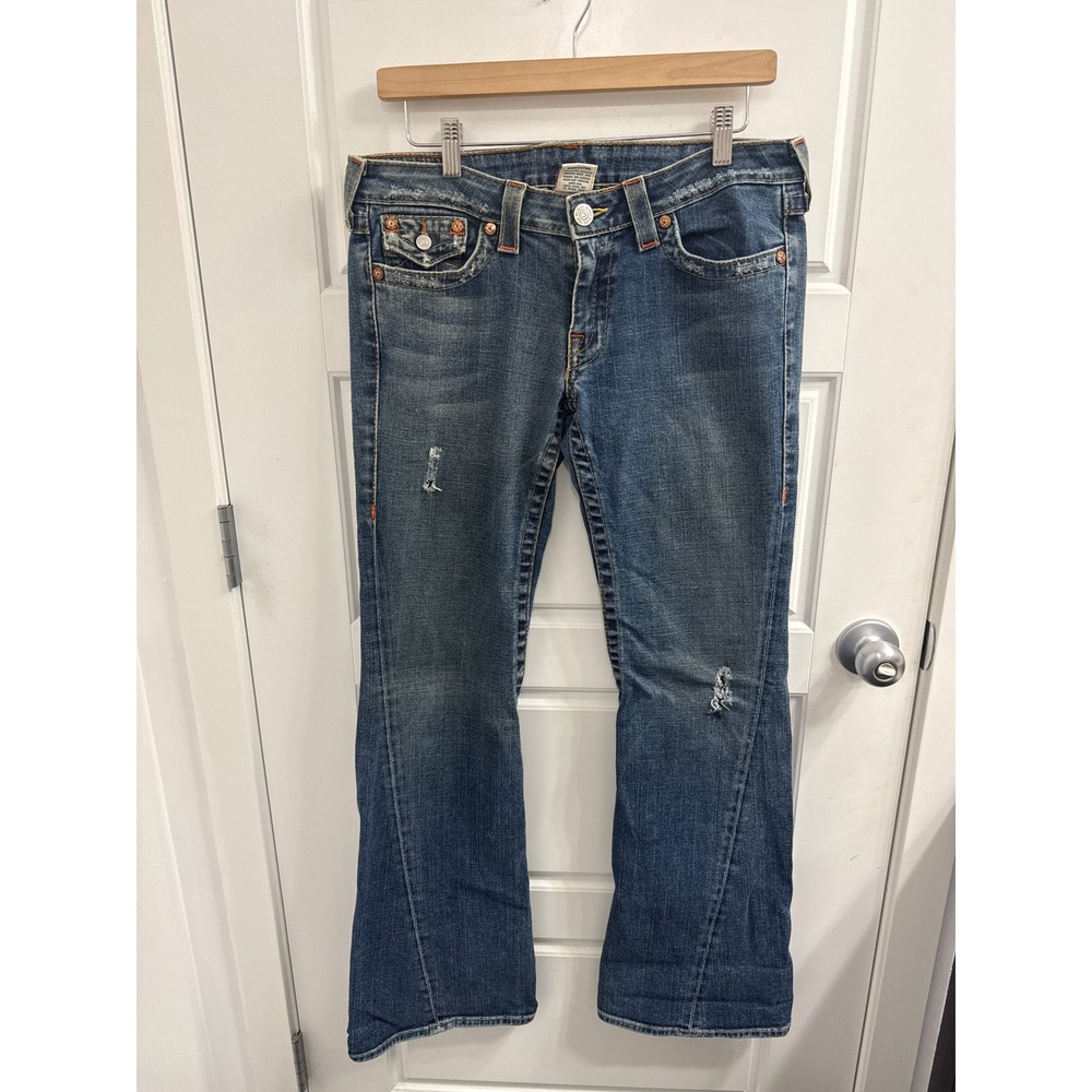 True Religion Joey World Tour Twisted Flare Jeans Blue Distressed Made in USA 31